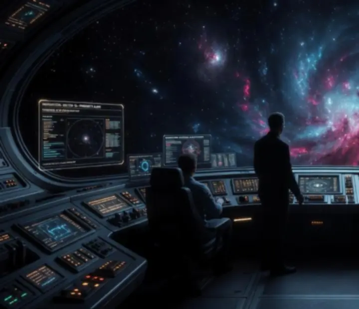 Pohľad z kokpitu hviezdnej lode počas navigácie medzi planétami v Star Traders: Frontiers