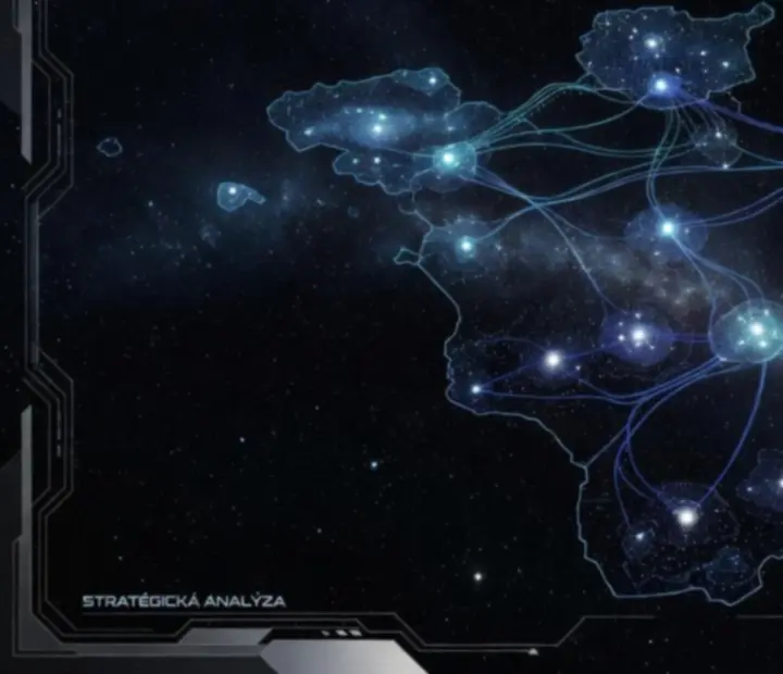 Infografika galaxie s prepojenými hviezdnymi systémami a obchodnými trasami v Star Traders: Frontiers