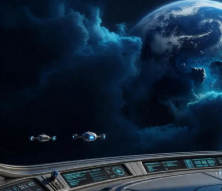 Prieskum novej planéty s hviezdnou loďou obiehajúcou nad povrchom a žiariacimi nebuloidnými oblakmi