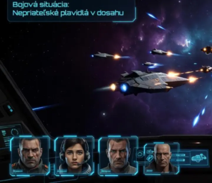 Rozhranie hviezdnej lode počas misie so zobrazenou posádkou a vesmírnou mapou v Star Traders: Frontiers